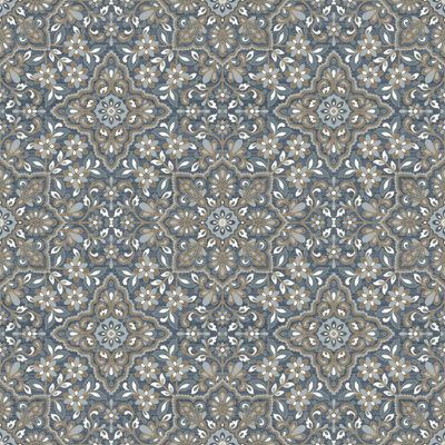 Galerie Homestyle White Blue Gold Floral Tile Smooth Wallpaper