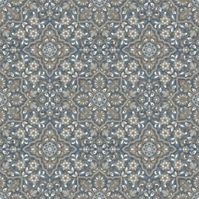 Galerie Homestyle White Blue Gold Floral Tile Smooth Wallpaper