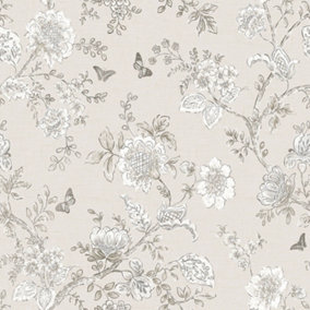 Galerie Homestyle White Taupe Grey Butterfly Toile Smooth Wallpaper