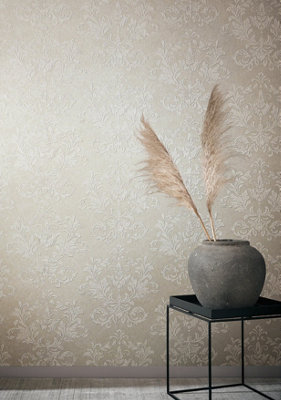 Galerie Hotel Beige/Silver Embossed Damask Glitter Wallpaper Roll