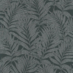 Galerie Hotel Black/Silver Glitter Botanical Palm Leaf Design Wallpaper Roll