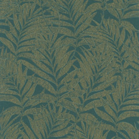 Galerie Hotel Emerald Green/Gold Glitter Botanical Palm Leaf Design Wallpaper Roll