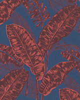 Galerie Imagine Blue Red Bold Jungle Leaf Embossed Wallpaper