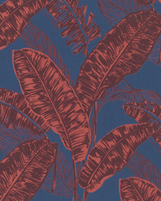 Galerie Imagine Blue Red Bold Jungle Leaf Embossed Wallpaper