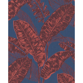 Galerie Imagine Blue Red Bold Jungle Leaf Embossed Wallpaper