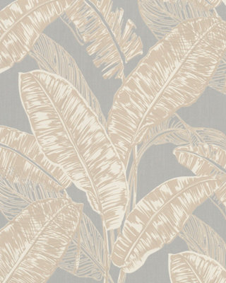 Galerie Imagine Grey Beige Bold Jungle Leaf Embossed Wallpaper