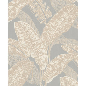 Galerie Imagine Grey Beige Bold Jungle Leaf Embossed Wallpaper