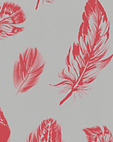 Galerie Imagine Grey Red Bold Feathers Embossed Wallpaper
