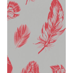 Galerie Imagine Grey Red Bold Feathers Embossed Wallpaper