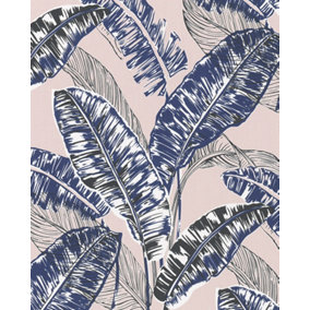 Galerie Imagine Pink Blue Bold Jungle Leaf Embossed Wallpaper