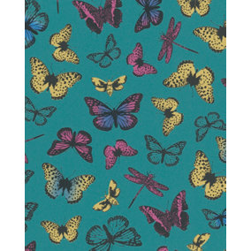 Galerie Imagine Turquoise Yellow Butterflies Embossed Wallpaper
