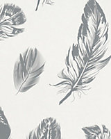Galerie Imagine White Grey Bold Feathers Embossed Wallpaper