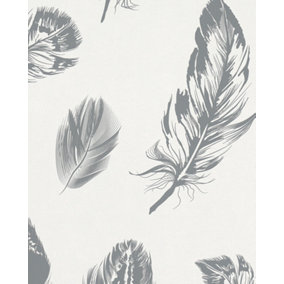Galerie Imagine White Grey Bold Feathers Embossed Wallpaper