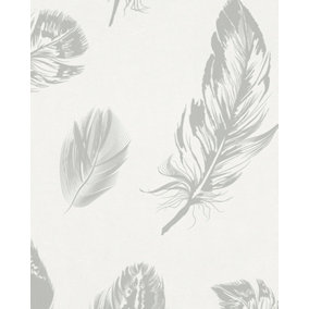Galerie Imagine White Silver Bold Feathers Embossed Wallpaper