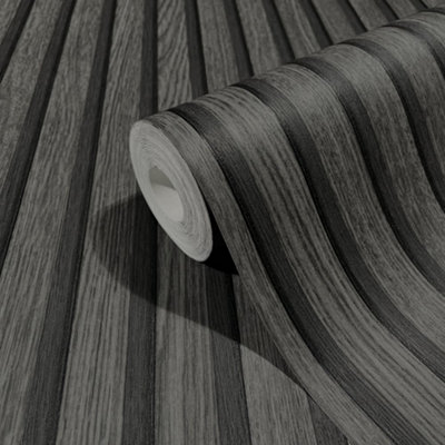 Galerie Industrial Effects Anthracite Stripe Wood Panel Wallpaper Roll