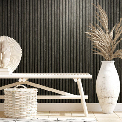 Galerie Industrial Effects Anthracite Stripe Wood Panel Wallpaper Roll