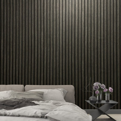 Galerie Industrial Effects Anthracite Stripe Wood Panel Wallpaper Roll