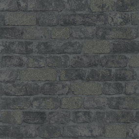 Galerie Industrial Effects Black Glass Stone Brick Effect Wallpaper Roll
