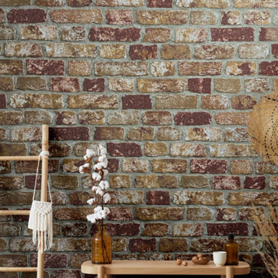 Galerie Industrial Effects Tan Glass Stone Brick Effect Wallpaper Roll