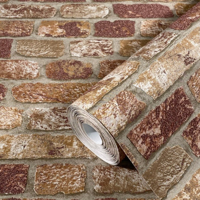 Galerie Industrial Effects Tan Glass Stone Brick Effect Wallpaper Roll