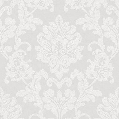 Galerie Industrial Effects White Giltter Floral Damask Wallpaper Roll