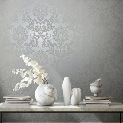 Galerie Industrial Effects White Giltter Floral Damask Wallpaper Roll