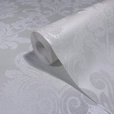 Galerie Industrial Effects White Giltter Floral Damask Wallpaper Roll