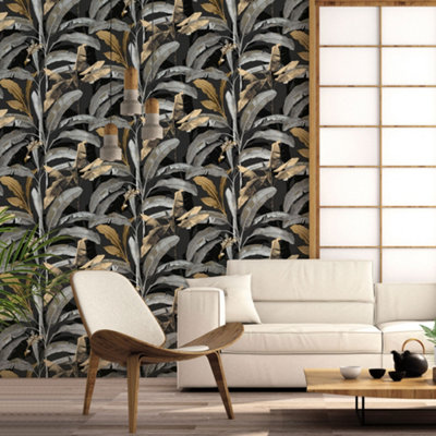 Galerie Into The Wild Metallic Black Banana Tree Leaf Wallpaper Roll