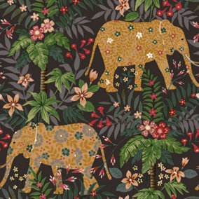 Galerie Into The Wild Metallic Black Floral Elephant Wallpaper Roll