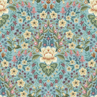 Galerie Into The Wild Metallic Blue Floral Damask Wallpaper Roll