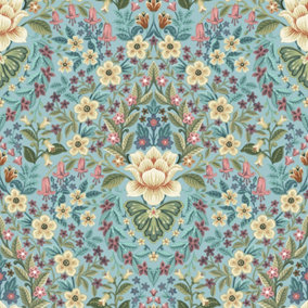 Galerie Into The Wild Metallic Blue Floral Damask Wallpaper Roll