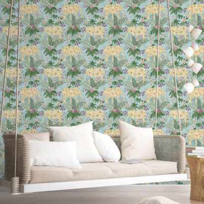Galerie Into The Wild Metallic Blue Floral Elephant Wallpaper Roll
