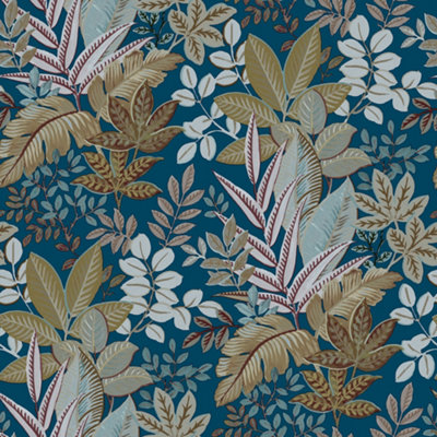 Galerie Into The Wild Metallic Blue Foliage Leaf Wallpaper Roll