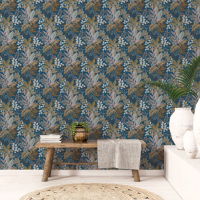 Galerie Into The Wild Metallic Blue Foliage Leaf Wallpaper Roll