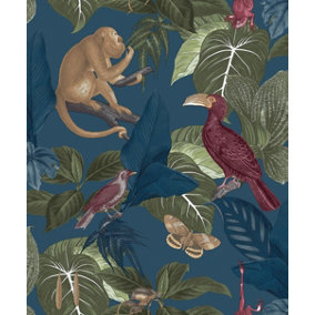 Galerie Into The Wild Metallic Blue Tropical Life Leaf Wallpaper Roll