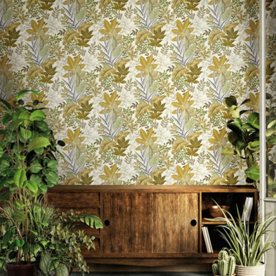 Galerie Into The Wild Metallic Gold Foliage Leaf Wallpaper Roll