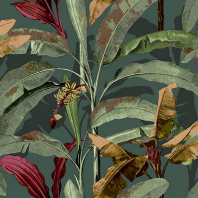 Galerie Into The Wild Metallic Green Banana Tree Leaf Wallpaper Roll