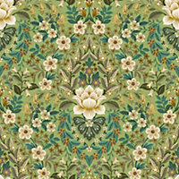 Galerie Into The Wild Metallic Green Floral Damask Wallpaper Roll