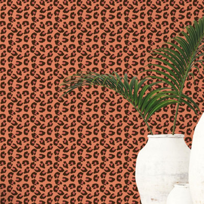 Galerie Into The Wild Metallic Orange Leopard Print Wallpaper Roll