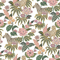 Galerie Into The Wild Metallic Pink Floral Leopard and Zebras Wallpaper Roll