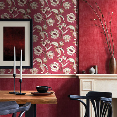 Galerie Into The Wild Metallic Red Abstract Floral Wallpaper Roll