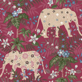Galerie Into The Wild Metallic Red Floral Elephant Wallpaper Roll