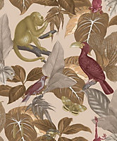Galerie Into The Wild Metallic Red Tropical Life Leaf Wallpaper Roll