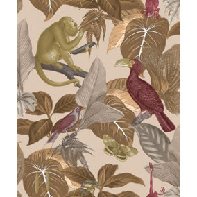 Galerie Into The Wild Metallic Red Tropical Life Leaf Wallpaper Roll