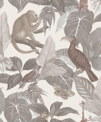 Galerie Into The Wild Metallic Silver Tropical Life Leaf Wallpaper Roll