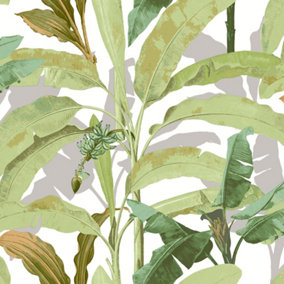 Galerie Into The Wild Metallic White Banana Tree Leaf Wallpaper Roll