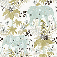 Galerie Into The Wild Metallic White Floral Elephant Wallpaper Roll