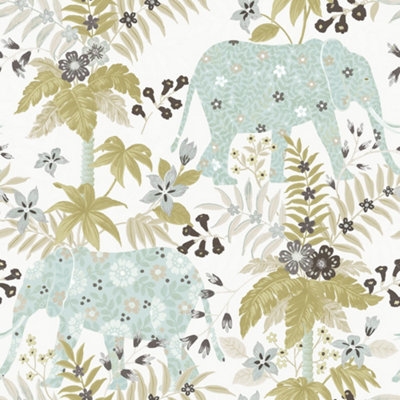 Galerie Into The Wild Metallic White Floral Elephant Wallpaper Roll