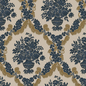 Galerie Italian Classics 4 Blue Gold Floral Damask Embossed Wallpaper