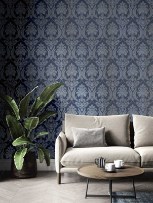 Galerie Italian Style Blue Classic Floral Damask A4 Wallpaper Sample